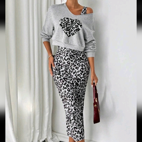 2pcs/Set Leopard Heart Print Hoodie With Form-Fitting Dress, Elegant - Picture 3 of 4